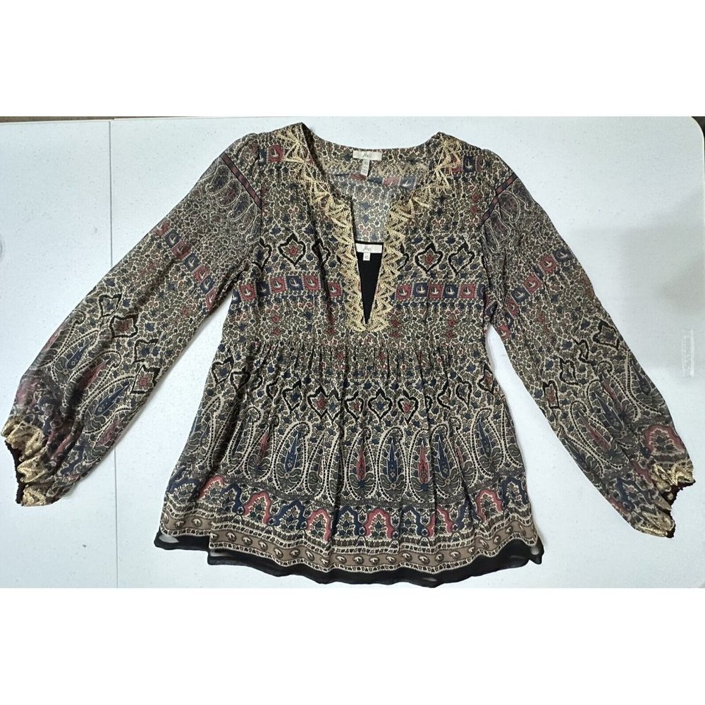 Joie Silk Peasant Blouse &‎ Camisole Long Puff Sleeve Gold Embellishment Boho XS